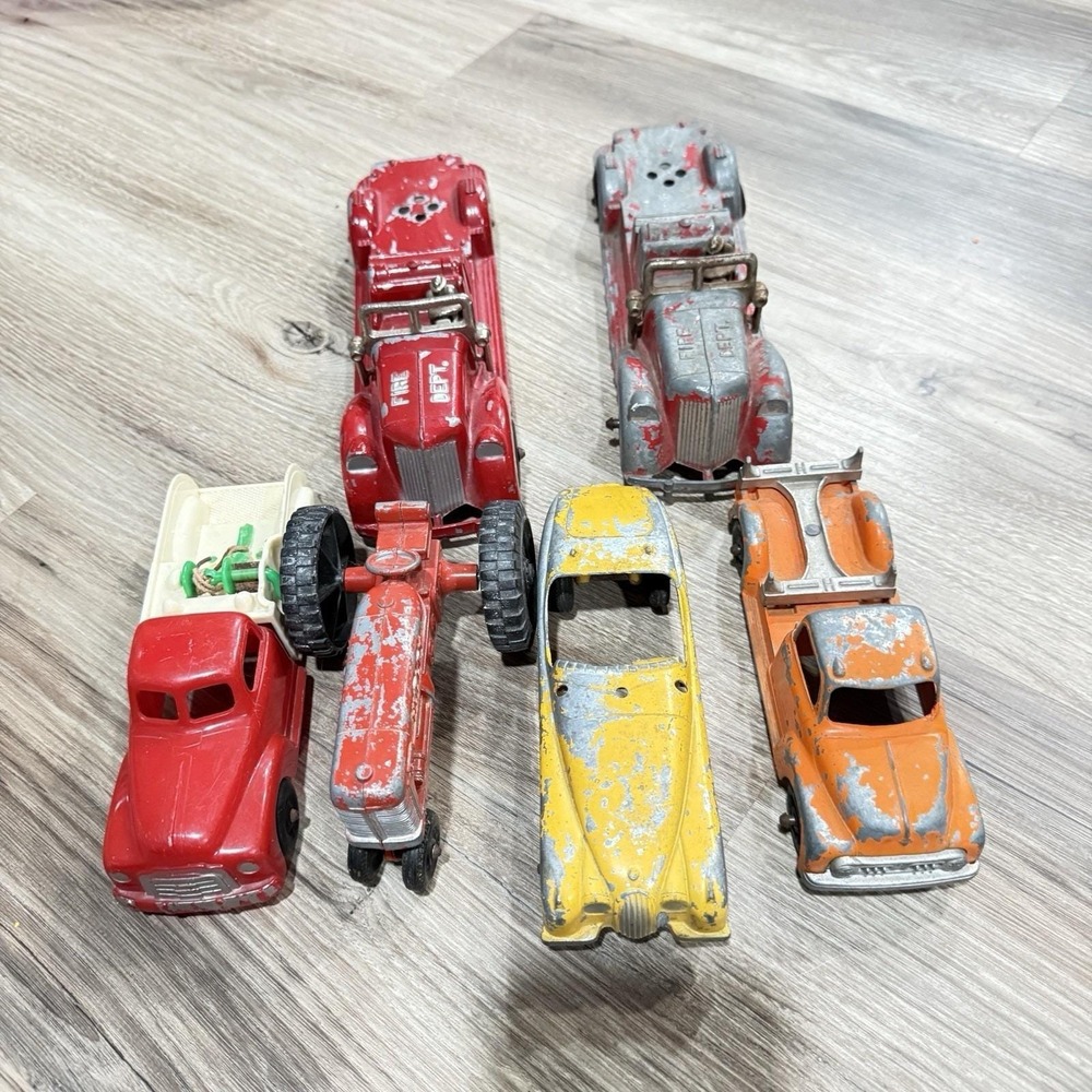Vintage Hubley Kiddie Toy‎ Logging Truck Orange Fire trucks Tractor Etc Lot